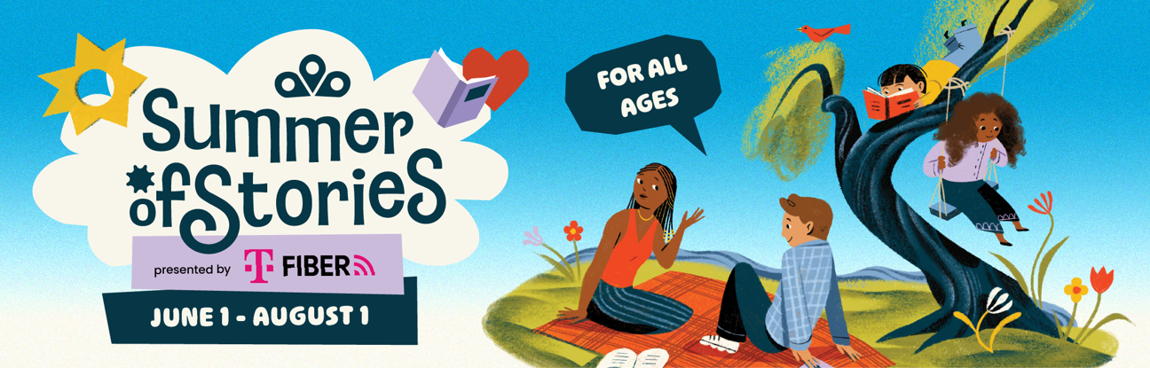 Farmington Community Library logo. Summer of Stories presented by T-Mobile Fiber.