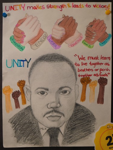 3 pairs of hands with different skin tones are holding each other below the text "Unity makes strength and leads to victory!"; Diverse raised fists are beside a pencil portrait of M.L.K. and the words "Unity", and "We must learn to live together as brothers or perish together as fools."