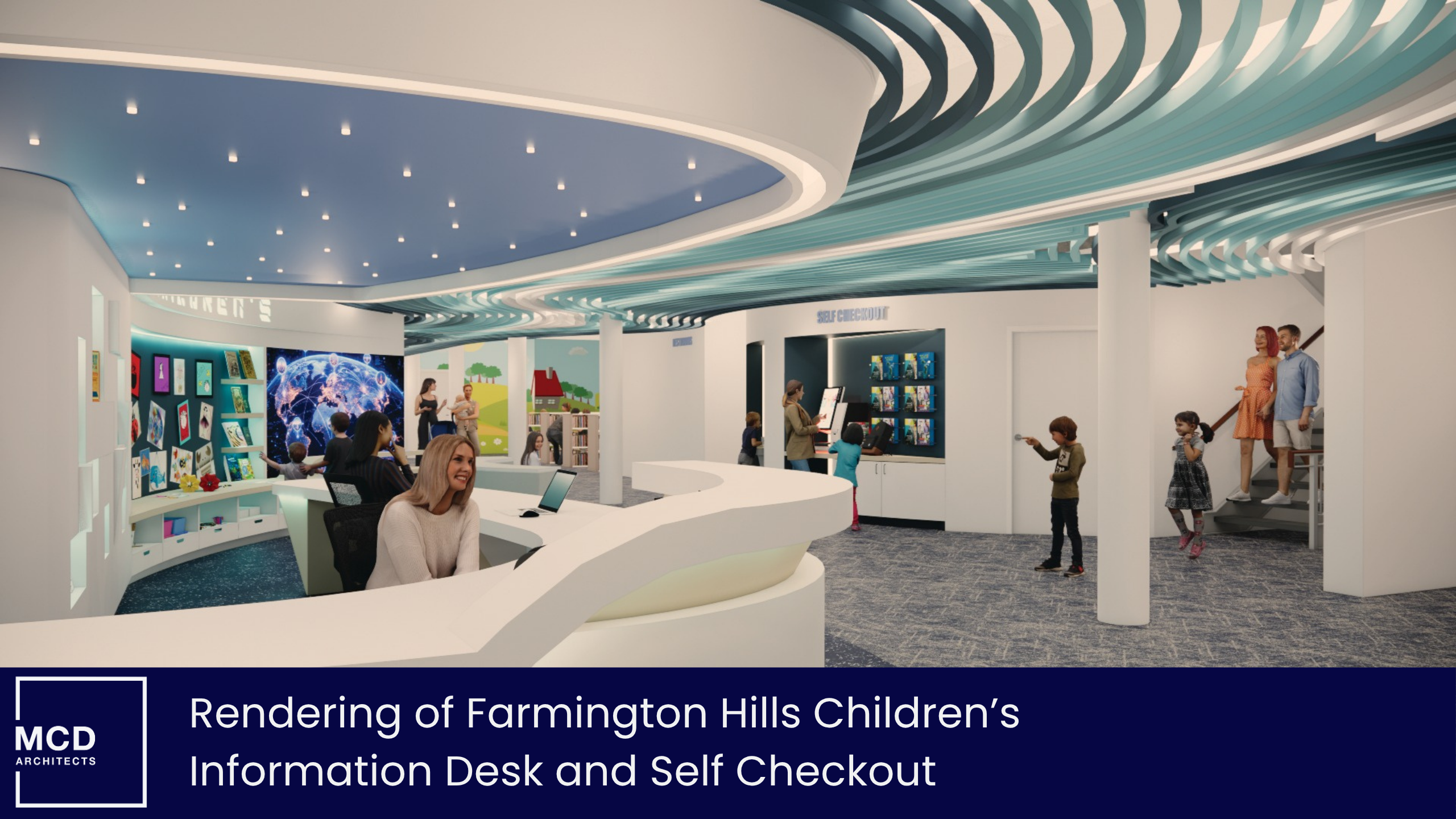 Farmington Hills Children's Information Desk and Self Checkout Rendering